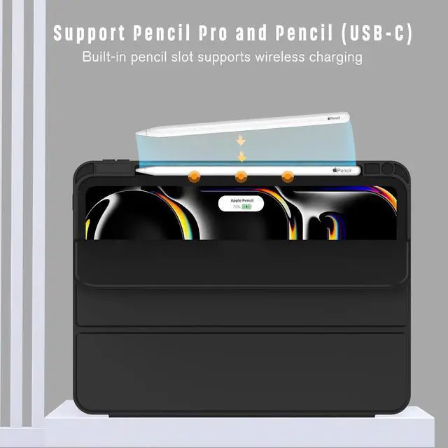 Alt view image 2 of 7 - ZryXal iPad Pro 11 Inch Case (M5) 2025/ (M4) 2024 (Model: A3357,A3358,A3359,A2836/A2837/A3006), Trifold Stand Smart Cover with Pencil Holder and Soft TPU Back, Auto Wake/Sleep (Black)