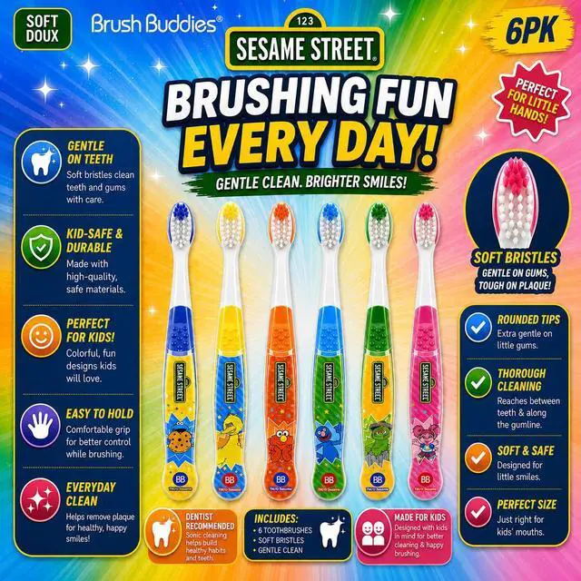 Alt view image 2 of 4 - Sesame Street Toothbrushes for Kids, Soft Bristle Toddler Toothbrushes Ages 2-4, Fun Sesame Street Designs, 6-Count Set