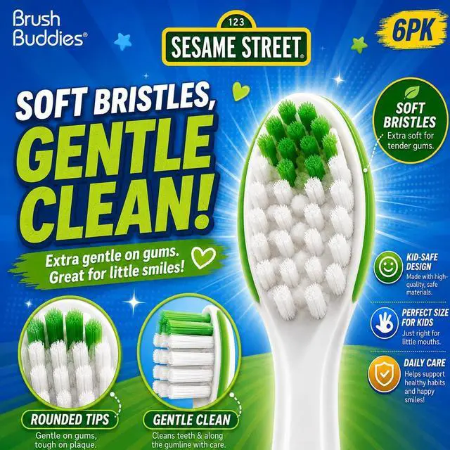 Alt view image 3 of 4 - Sesame Street Toothbrushes for Kids, Soft Bristle Toddler Toothbrushes Ages 2-4, Fun Sesame Street Designs, 6-Count Set