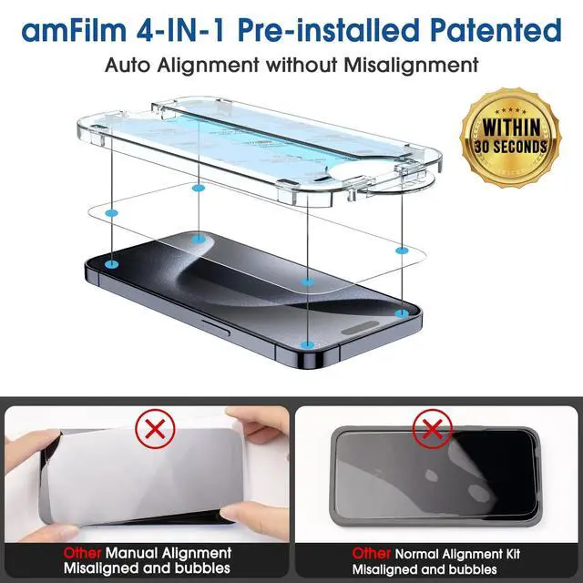 Alt view image 2 of 7 - amFilm OneTouch for iPhone 15 Pro Max Screen Protector 6.7'' Tempered Glass