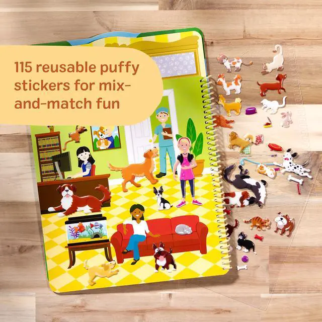 Alt view image 3 of 7 - Melissa & Doug Pet Place Puffy Sticker Activity Book 115 Reusable Stickers with 10 Background Scenes, Pet-Themed Mess Free Travel Toys for Kids Ages 4+ - FSC Certified