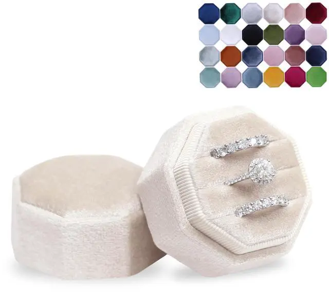 Main image of BLUTETE Velvet 3 Slots Jewelry Ring Box Engagement Wedding Box Keepsake Box Bridal Photo Ring Triple Slots Octagon (Champagne)