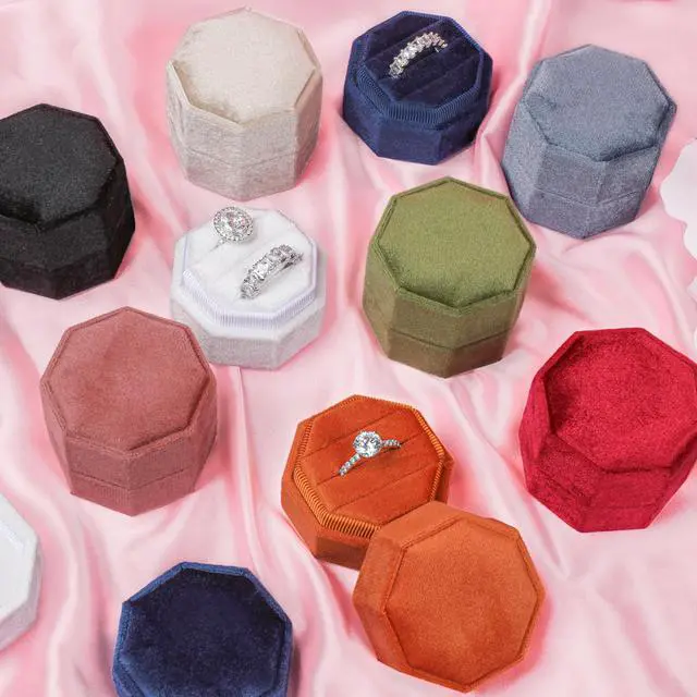 Alt view image 7 of 7 - BLUTETE Velvet 3 Slots Jewelry Ring Box Engagement Wedding Box Keepsake Box Bridal Photo Ring Triple Slots Octagon (Champagne)