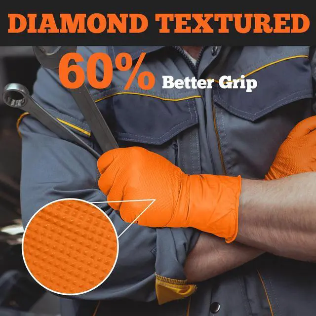 Alt view image 3 of 7 - TitanFlex Heavy Duty Orange Nitrile Gloves, 6 Mil, Raised Diamond Texture, Mechanic Disposable Gloves, Latex Free Powder Free