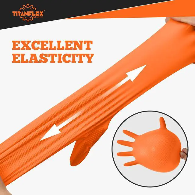 Alt view image 2 of 7 - TitanFlex Heavy Duty Orange Nitrile Gloves, 6 Mil, Raised Diamond Texture, Mechanic Disposable Gloves, Latex Free Powder Free