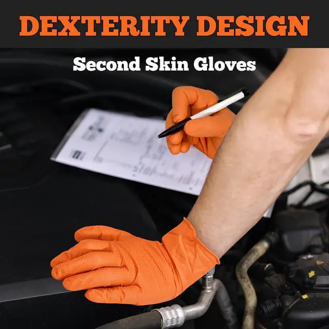 Alt view image 4 of 7 - TitanFlex Heavy Duty Orange Nitrile Gloves, 6 Mil, Raised Diamond Texture, Mechanic Disposable Gloves, Latex Free Powder Free