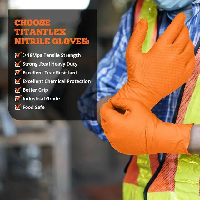 Alt view image 6 of 7 - TitanFlex Heavy Duty Orange Nitrile Gloves, 6 Mil, Raised Diamond Texture, Mechanic Disposable Gloves, Latex Free Powder Free