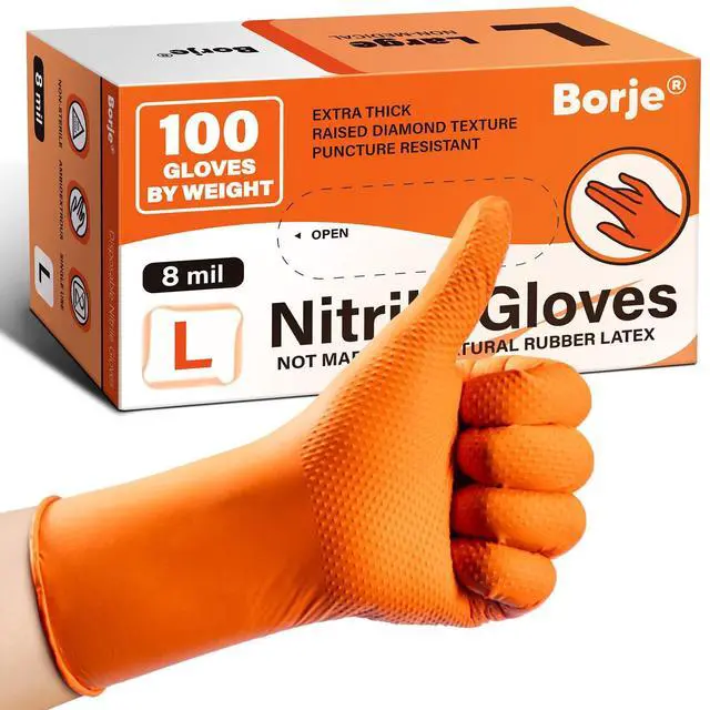 Main image of Borje Orange 8 Mil Nitrile Disposable Gloves, Heavy-Duty Mechanic Gloves, 100 Count, Large, Latex & Powder Free with Raised Diamond Texture, Industrial, Automotive, Gardening