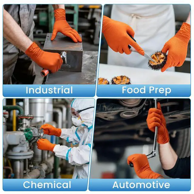 Alt view image 4 of 7 - Borje Orange 8 Mil Nitrile Disposable Gloves, Heavy-Duty Mechanic Gloves, 100 Count, Large, Latex & Powder Free with Raised Diamond Texture, Industrial, Automotive, Gardening