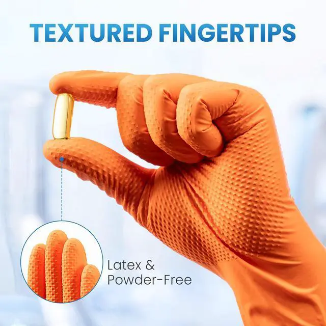 Alt view image 6 of 7 - Borje Orange 8 Mil Nitrile Disposable Gloves, Heavy-Duty Mechanic Gloves, 100 Count, Large, Latex & Powder Free with Raised Diamond Texture, Industrial, Automotive, Gardening