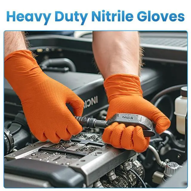 Alt view image 3 of 7 - Borje Orange 8 Mil Nitrile Disposable Gloves, Heavy-Duty Mechanic Gloves, 100 Count, Large, Latex & Powder Free with Raised Diamond Texture, Industrial, Automotive, Gardening