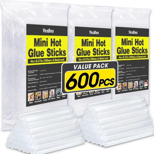 Main image of 600 Pack Mini Hot Glue Sticks, 4" Long x 0.27" Diameter Glue Sticks for Mini Glue Guns, Multipurpose for Wood, Metal, Glass, Plastic, Floral, Fabric, Leather, Foam, Floral