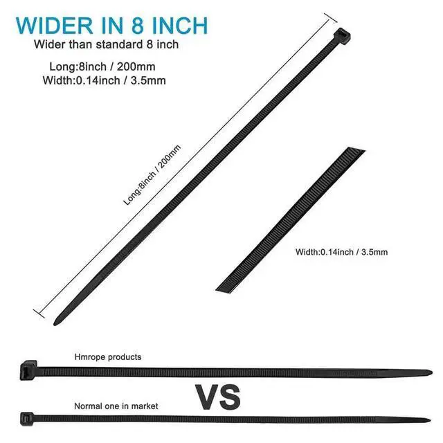 Alt view image 3 of 6 - HMROPE 100pcs Cable Zip Ties Heavy Duty 8 Inch, Premium Plastic Wire Ties with 50 Pounds Tensile Strength, Self-Locking Black Nylon Tie Wraps for Indoor and Outdoor