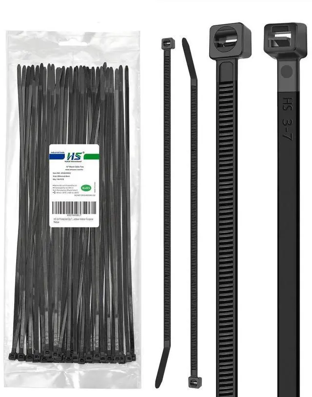 Main image of HS UV Protected Zip Ties 12 Inch (100 Pack) Self Locking Strong Plastic Wire Ties 12 Inch Black Nylon Cable Ties 50 LBS,Outdoor Indoor Purpose