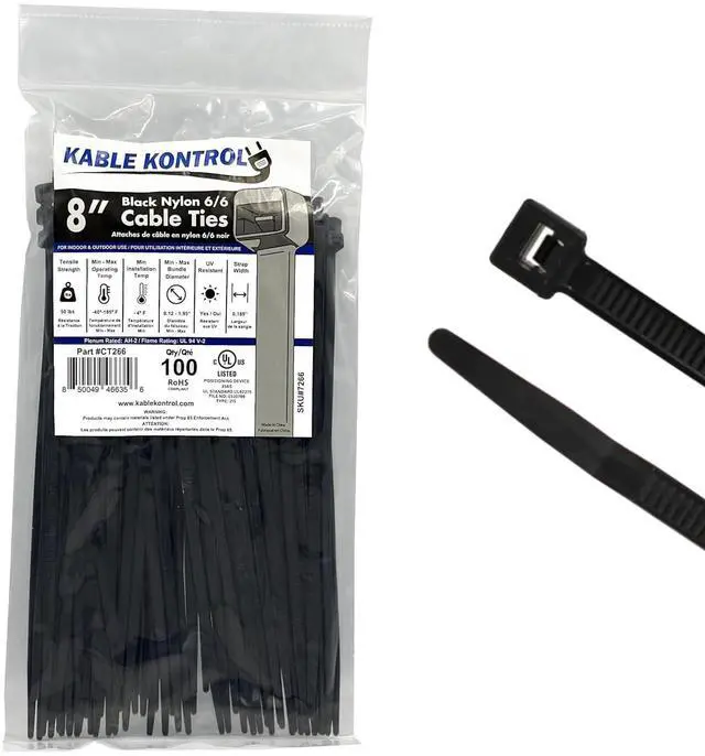 Main image of Kable Kontrol Cable Zip Ties, 8 Inch, 100 Pcs, 50lbs Test, Black