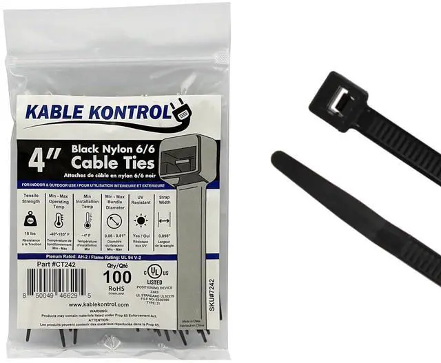 Main image of Kable Kontrol Cable Zip Ties, 4 Inch, 100 Pcs, 18lbs Test, Black