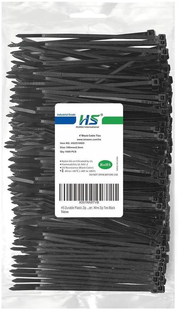 Main image of HS Durable Plastic Zip Ties 4 Inch (Bulk-1000 Pack) Small Tie Wraps Thin 18 Lbs Self-Locking Nylon Cable Ties for Electronics Organizer, Wire Zip Ties UV Rated Black