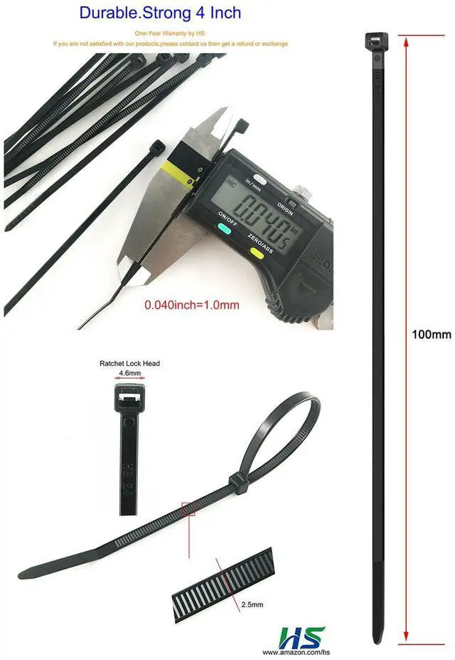 Alt view image 2 of 6 - HS Durable Plastic Zip Ties 4 Inch (Bulk-1000 Pack) Small Tie Wraps Thin 18 Lbs Self-Locking Nylon Cable Ties for Electronics Organizer, Wire Zip Ties UV Rated Black