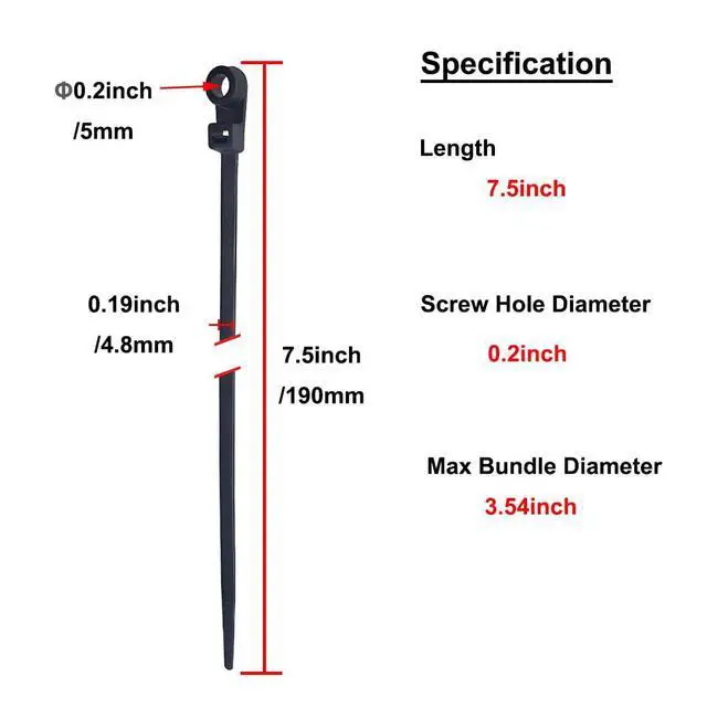 Alt view image 3 of 6 - HS Plastic Ties with Screw Holes (100 Pack) 7.5 Inch Mount Head Electrical Zip Ties 50 LBS,UV Black