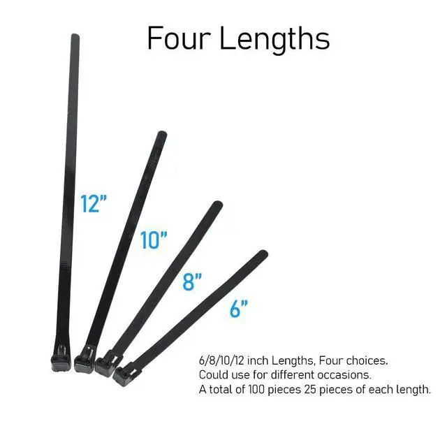Alt view image 3 of 7 - Helonge Reusable Zip Ties, 100 Pcs Assorted Fastening Cable Zip Ties 6" 8" 10" 12" Four Length Heavy Duty Nylon Self Locking Wire Ties