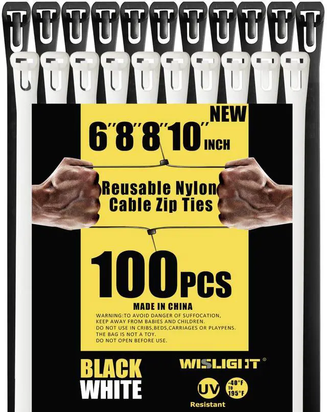Main image of WISLIGHT Reusable Zip Ties Self-Locking Plastic Wire Ties Electrical Cable Ties 120 Lbs Tensile Strength Releasable Adjustable Nylon Cable Zip Ties 100 PCS 6+8(Small)+8+10 Inch x0.3inch