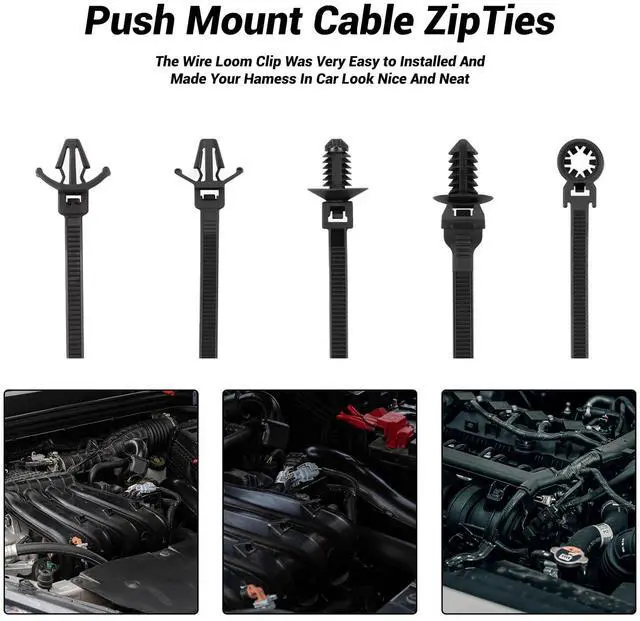 Alt view image 2 of 5 - 110Pcs Heavy Duty Self-Locking Nylon Cable Ties Black UV Resistant Push-in Zip Ties for Automotive Construction Indoor Wire Bundling Car Mount Wire Ties Kit