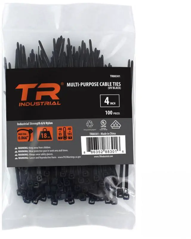 Main image of TR Industrial Multi-Purpose UV Resistant Black Cable Ties, 4 inches, 100 Pack