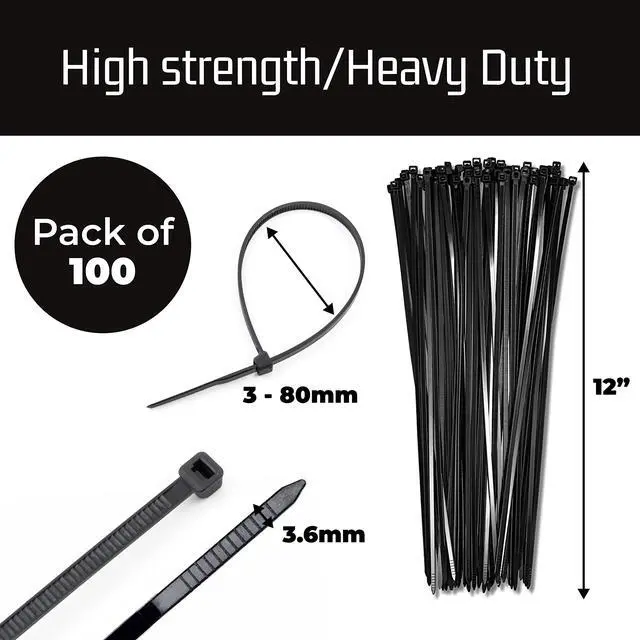 Alt view image 7 of 7 - Bolt Dropper 12-Inch Black Zip Ties 100 Pack - Heavy Duty, Self-Locking Nylon Cable Ties for Indoor and Outdoor Projects - UV and Weather Resistant with 40 lbs Tensile Strength Wire Ties