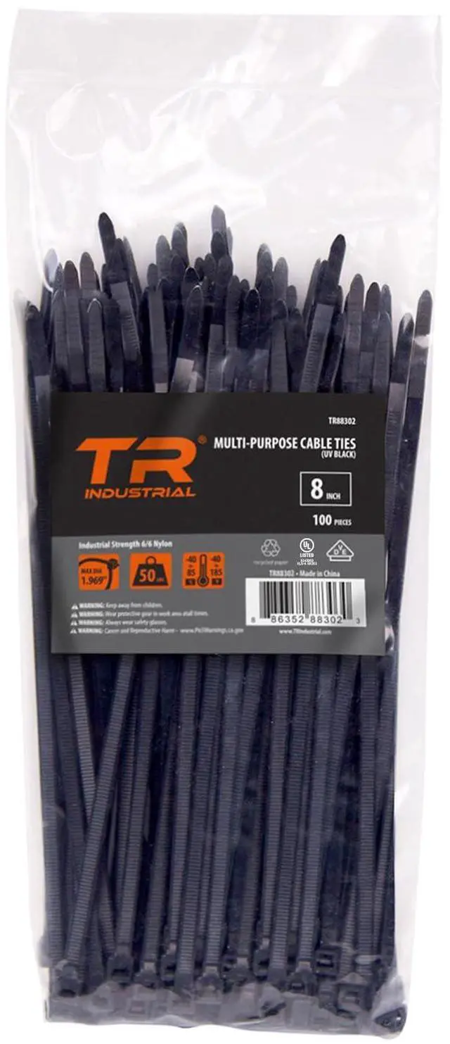 Main image of TR Industrial Multi-Purpose UV Resistant Black Cable Ties, 8 inches, 100 Pack