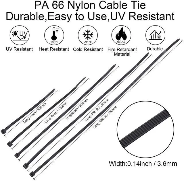 Alt view image 4 of 7 - DTOL Cable Ties Assorted Sizes 4+6+8+10+12 Inch Zipties Heavy Duty Plastic Wire Ties UV Resistant Zip Ties Assortment Small Zip Tie Wraps Cord Management for Home, Office, Gardening, 700 Pack Black