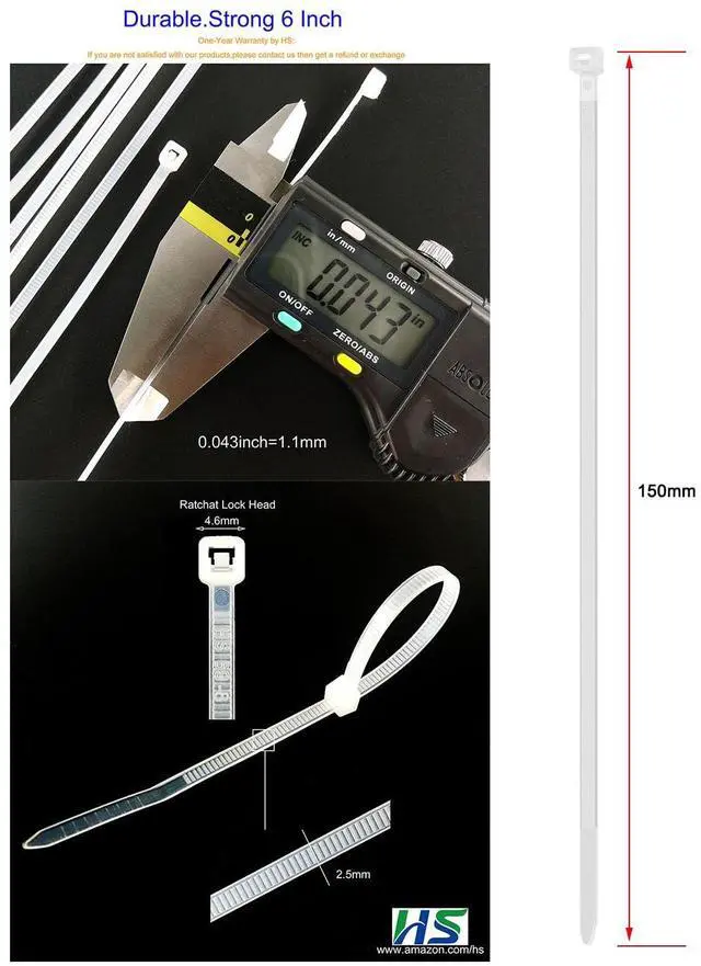 Alt view image 2 of 6 - HS Clear Zip Ties 6 Inch Small (100 Pcs) 18 LBS Self Locking Zip Ties White Nylon Ties Thin,Strong and Durable