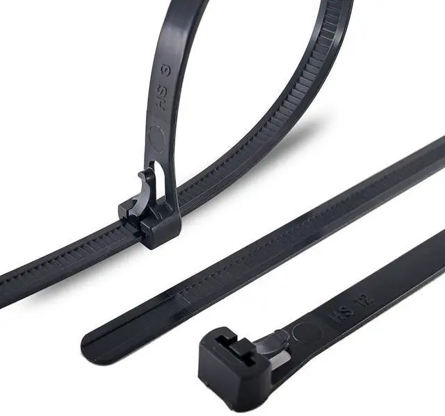 Main image of HS Reusable Zip Ties 8 Inch Releasable Plastic Cable Tie Straps 100 Pack Black,Adjustable 50LBS Wide Wire Zip Toe Heavy Duty,Outdoor String Lights-Fixing,Luggage Locking