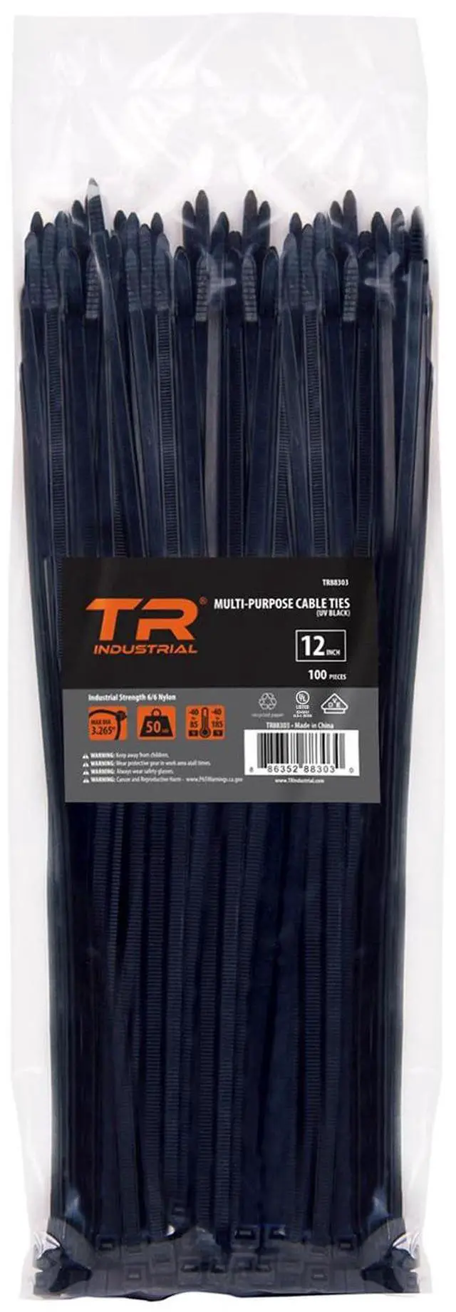 Main image of TR Industrial Multi-Purpose UV Resistant Black Cable Ties, 12 inches, 100 Pack