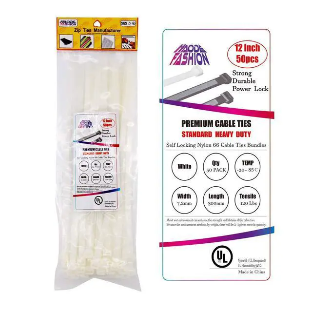 Alt view image 3 of 7 - HAODE FASHION 12 inch White Zip Ties Heavy Duty 50 Pack, 120 LBS.
