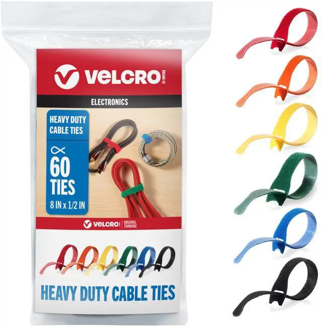 Main image of VELCRO Brand ONE-WRAP Cable Ties | 60Pk | 8 x 1/2" Straps, Multicolor | Strong Reusable Wire Management | Cord Bundling for Home Office and Data Centers