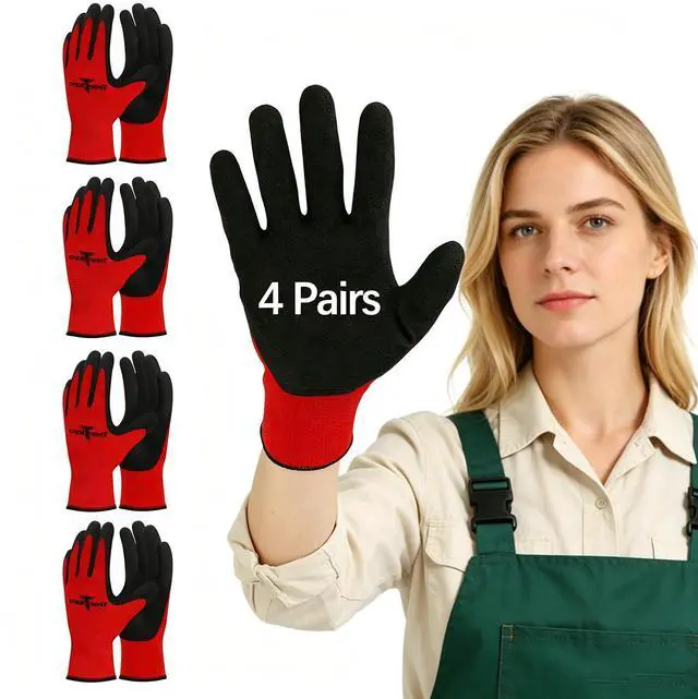 Main image of Trendara 4 Pairs Red garden gloves work gloves with grip working gloves,Breathable latex dipped gloves,Suitable for garden weeding, construction, outdoor, warehouse handling, etc.