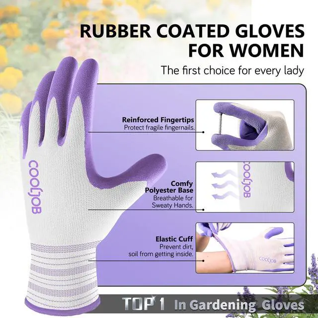 Alt view image 2 of 6 - COOLJOB 2 Pairs Gardening Gloves for Women Ladies, Breathable Rubber Coated for Yard Garden, Outdoor Indoor Protective Work, Medium Size, Lavender Purple & Apple Green