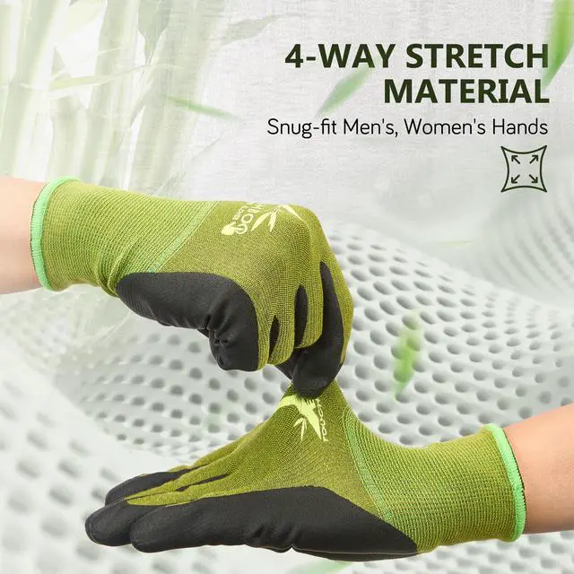 Alt view image 5 of 7 - COOLJOB 2 Pairs Gardening Gloves for Women and Men, Bamboo Working Gloves Touchscreen, Grippy Nitrile Rubber Coated Work Gloves, Green/Black, Large Size (2 Pairs L)