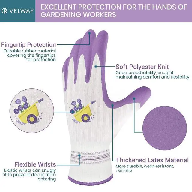 Alt view image 2 of 5 - Velway 2 Pairs Gardening Gloves for Women - Breathable Rubber Coated Garden Work Gloves - Outdoor Protective Yard Gloves with Grip Gardening Gifts - Red & Purple Medium
