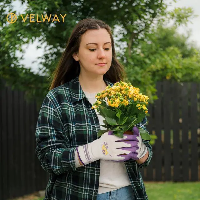 Alt view image 5 of 5 - Velway 2 Pairs Gardening Gloves for Women - Breathable Rubber Coated Garden Work Gloves - Outdoor Protective Yard Gloves with Grip Gardening Gifts - Red & Purple Medium