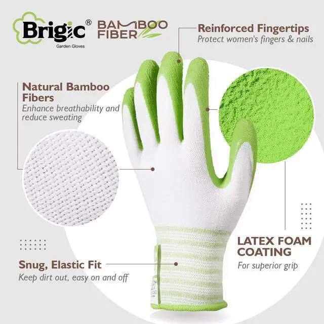 Alt view image 2 of 7 - Brigic Bamboo Gardening Gloves 2 pair, Breathable Rubber Coated, Outdoor Work Garden Gloves For Women, Green & Purple (Medium)