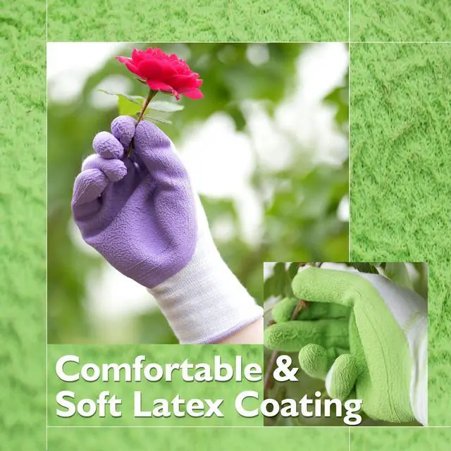 Alt view image 6 of 7 - Brigic Bamboo Gardening Gloves 2 pair, Breathable Rubber Coated, Outdoor Work Garden Gloves For Women, Green & Purple (Medium)