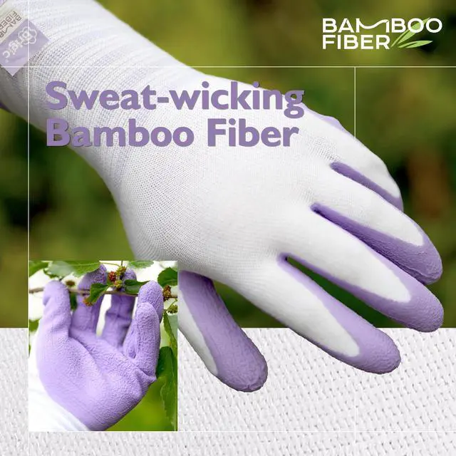Alt view image 3 of 7 - Brigic Bamboo Gardening Gloves 2 pair, Breathable Rubber Coated, Outdoor Work Garden Gloves For Women, Green & Purple (Medium)
