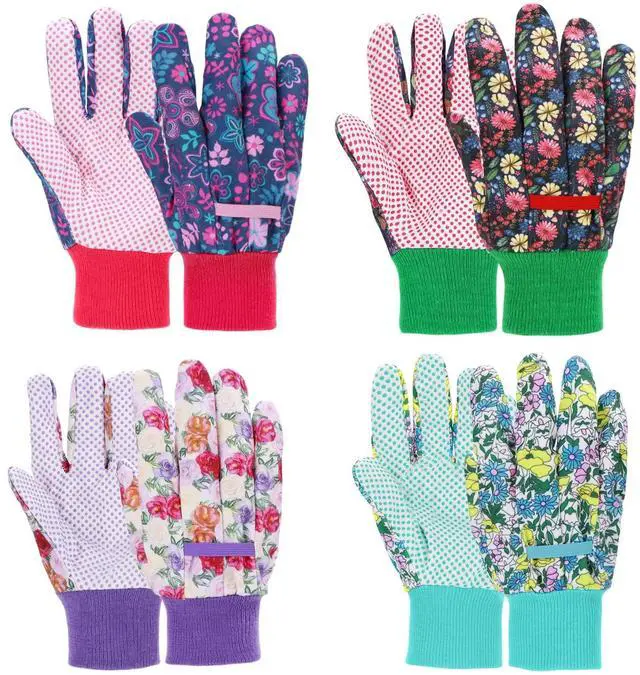 Main image of JUMPHIGH 4 Pairs Garden Gloves for Women, Floral with Non-Slip PVC Dots, Ladies Soft Breathable Yard Work Light Working Gloves, Elastic Knit Wrist, Large