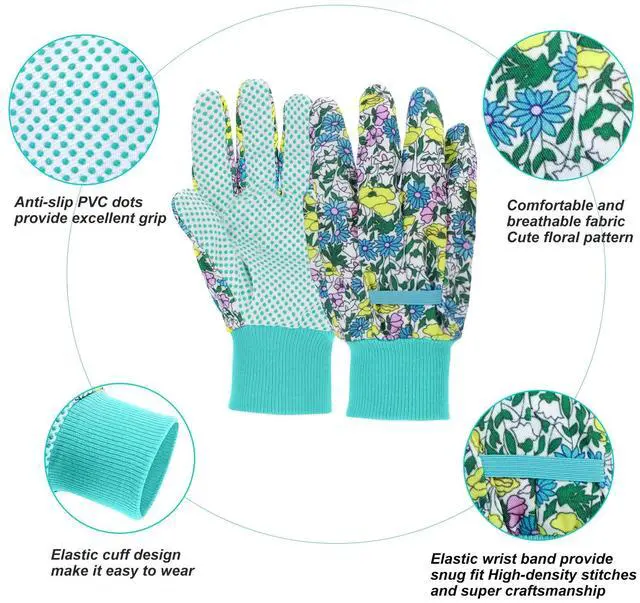 Alt view image 3 of 7 - JUMPHIGH 4 Pairs Garden Gloves for Women, Floral with Non-Slip PVC Dots, Ladies Soft Breathable Yard Work Light Working Gloves, Elastic Knit Wrist, Large