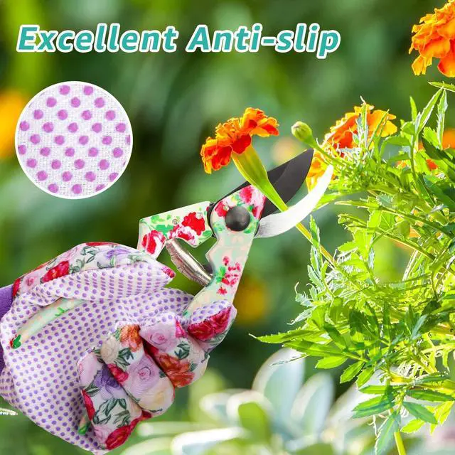 Alt view image 4 of 7 - JUMPHIGH 4 Pairs Garden Gloves for Women, Floral with Non-Slip PVC Dots, Ladies Soft Breathable Yard Work Light Working Gloves, Elastic Knit Wrist, Large