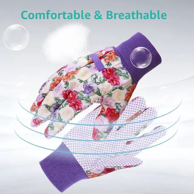 Alt view image 5 of 7 - JUMPHIGH 4 Pairs Garden Gloves for Women, Floral with Non-Slip PVC Dots, Ladies Soft Breathable Yard Work Light Working Gloves, Elastic Knit Wrist, Large