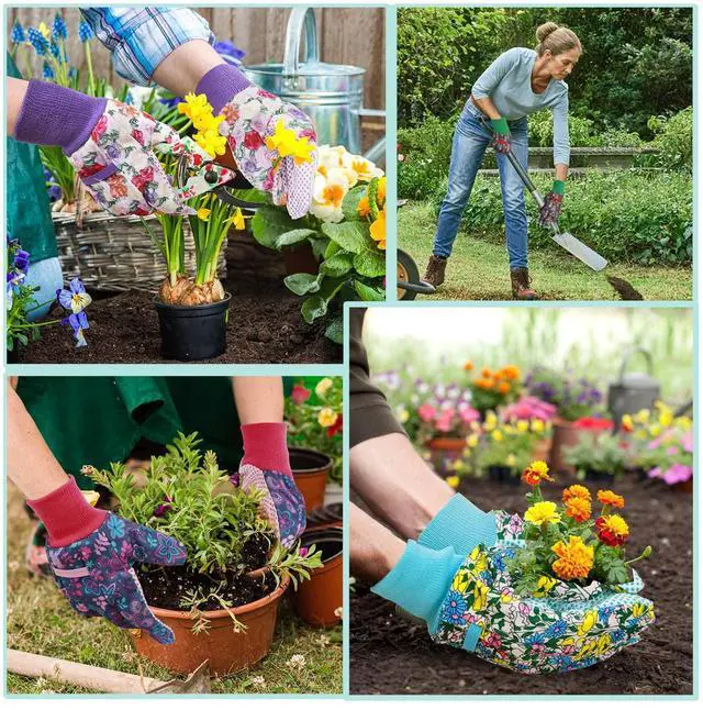 Alt view image 7 of 7 - JUMPHIGH 4 Pairs Garden Gloves for Women, Floral with Non-Slip PVC Dots, Ladies Soft Breathable Yard Work Light Working Gloves, Elastic Knit Wrist, Large