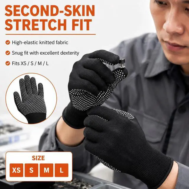 Alt view image 7 of 7 - ITISMUNGO 6 Pairs Work Gloves with Anti-Slip Grip Dots - Thin Breathable Cotton Gloves for Men & Women - Stretchy Cloth Gloves for Warehouse, Gardening & Woodworking (Black)
