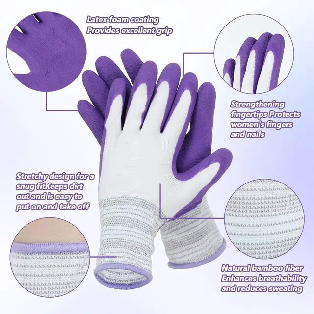 Alt view image 3 of 7 - Aysatogc 2 Pairs Gardening Gloves, Outdoor Work Garden Gloves Breathable Rubber Coated Outdoor Protective Yard Glove with Grip for Women Men Garden Essentials (Green & Purple)
